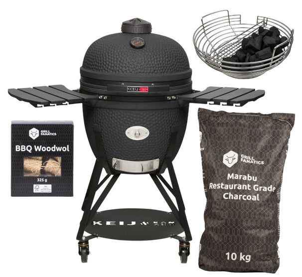 Keij Kamado BBQ Startersset - Legend XL Black 23 inch - met Houtskool, Aanmaakwokkels & Kolenmand