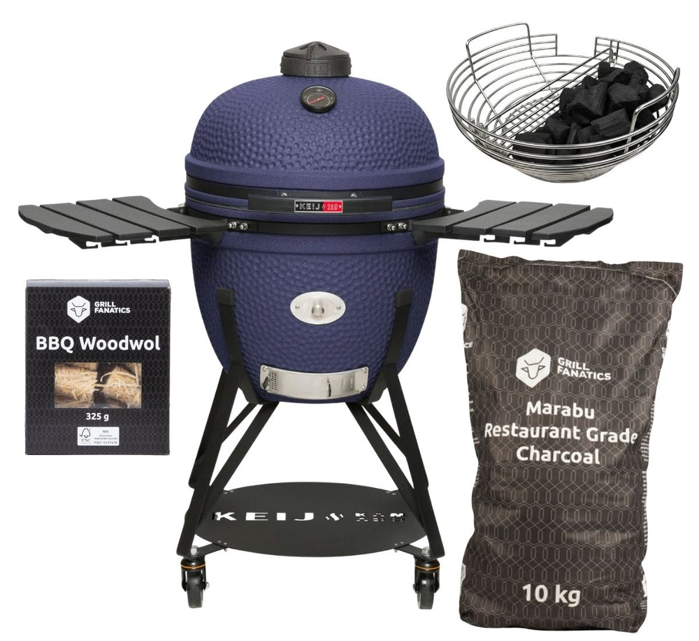 Keij Kamado BBQ Startersset - Legend XL Blue 23 inch - met Houtskool, Aanmaakwokkels & Kolenmand