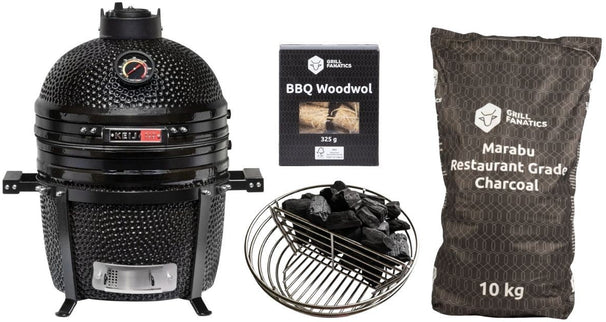 Keij Kamado BBQ Startersset - Pro Compact Black 15 inch - met Houtskool, Aanmaakwokkels & Kolenmand