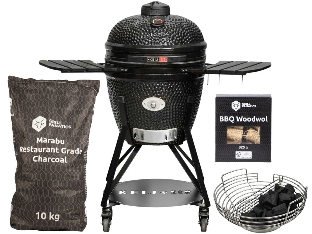 Keij Kamado BBQ Startersset - Pro Large Black 21 inch - met Houtskool, Aanmaakwokkels & Kolenmand