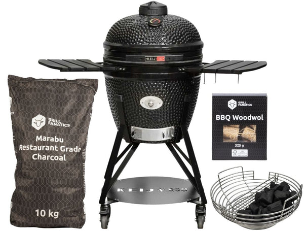 Keij Kamado BBQ Startersset - Pro Large Black 21 inch - met Houtskool, Aanmaakwokkels & Kolenmand