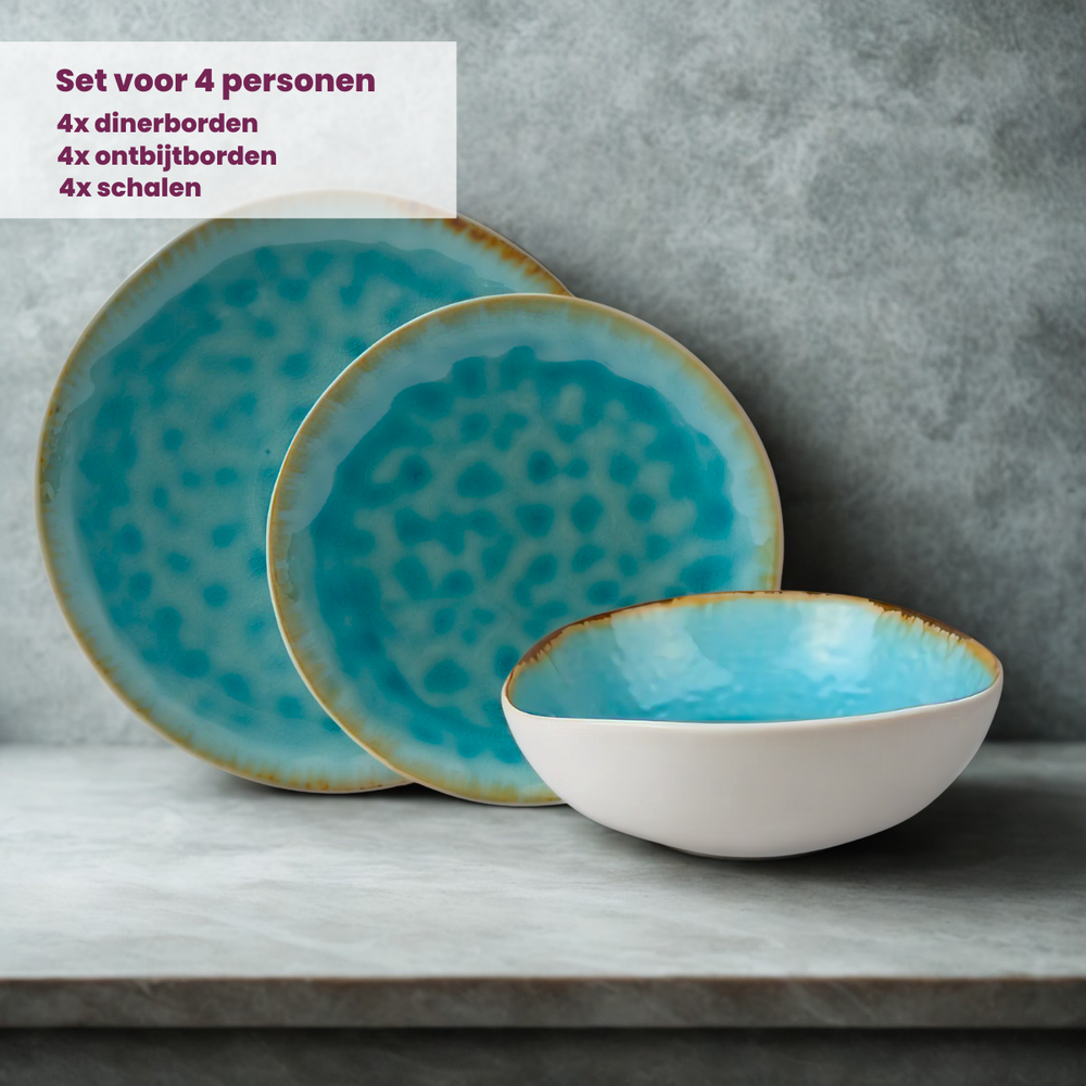 Cosy & Trendy Serviesset Laguna Azzurro 12-delig / 4 personen - 4 dinerborden, 4 ontbijtborden en 4 kommen