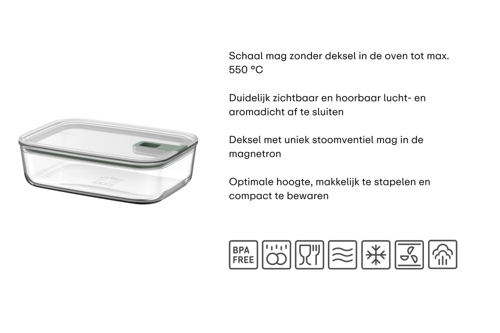 Mepal Ovenschaal / Lasagneschaal met deksel EasyClip Nordic Sage - Glas - 2.25 liter