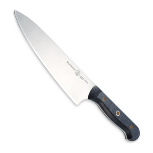 Messermeister Koksmes Custom 20 cm met blauw-grijs heft, vrijstaand op witte achtergrond