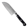 Messermeister Santokumes met Kuiltjes Meridian Elite 13 cm met zwart heft, vrijstaand op witte achtergrond