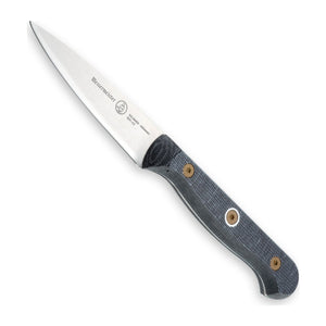 Messermeister Schilmes Custom 9 cm met blauw-grijs heft, vrijstaand op witte achtergrond