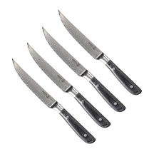 Messermeister Steakmessen Avanta Damascus 13 cm 4 stuks damaststaal met zwart heft, vrijstaand op witte achtergrond