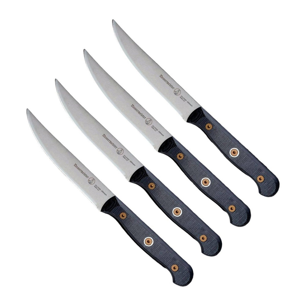 Messermeister Steakmessen Custom 12 cm 4 stuks met blauw-grijs heft, vrijstaand op witte achtergrond