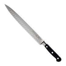 Messermeister Vleesmes met Kuiltjes Meridian Elite 25 cm met zwart heft, vrijstaand op witte achtergrond