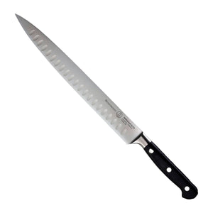 Messermeister Vleesmes met Kuiltjes Meridian Elite 25 cm met zwart heft, vrijstaand op witte achtergrond