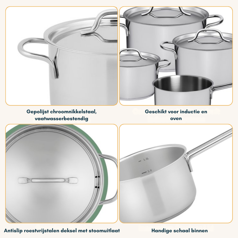 Sola Pannenset Mirage 4-Delig RVS - Kookpan ø 16, 18, 20 cm & Steelpan ø 16 cm - geschikt voor alle warmtebronnen