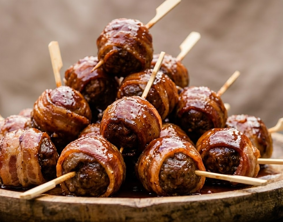 Knapperige bacon, sappige gehaktballetjes en een sticky glaze. Heerlijk om van te snacken