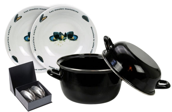 Mosselset - Mosselpan ø 24 cm (Inductie) met Mosselborden & Anovi Mosselbestek - 2 Personen