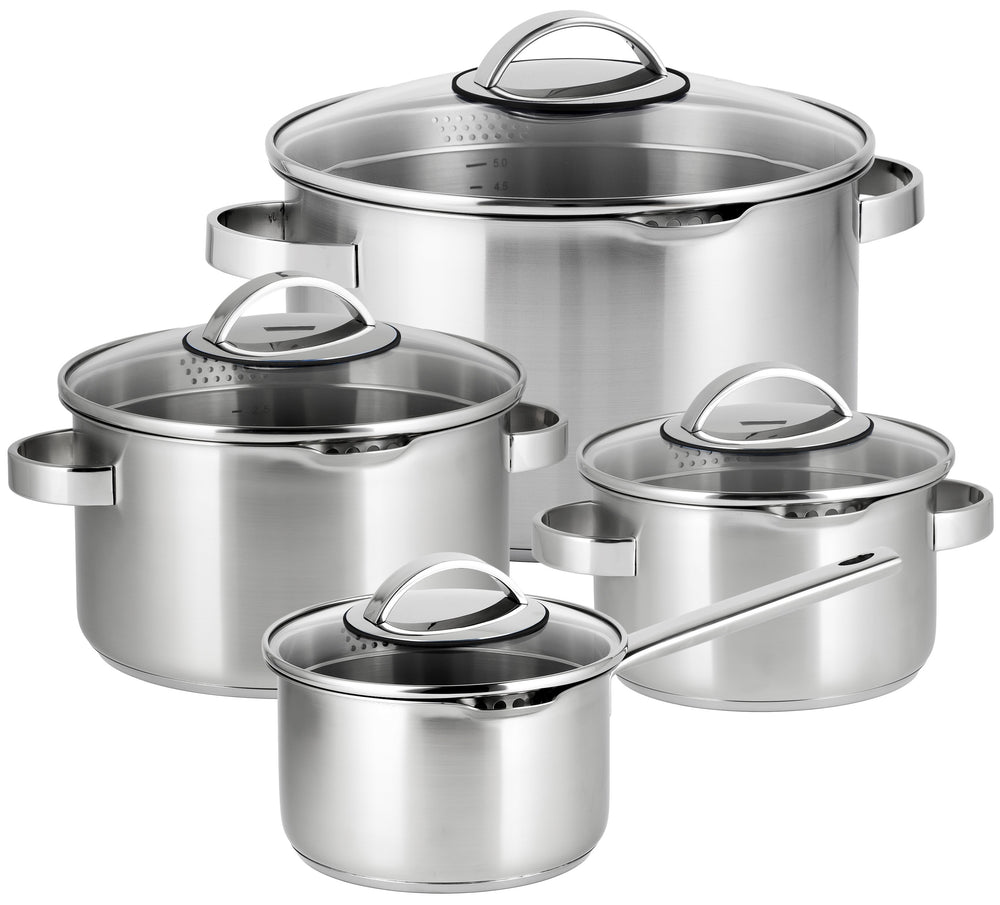 Sola Pannenset Pearl 4-Delig RVS - Downdraft geschikt - Kookpan ø 16, 18, 20 cm & Steelpan ø 16 cm - geschikt voor alle warmtebronnen
