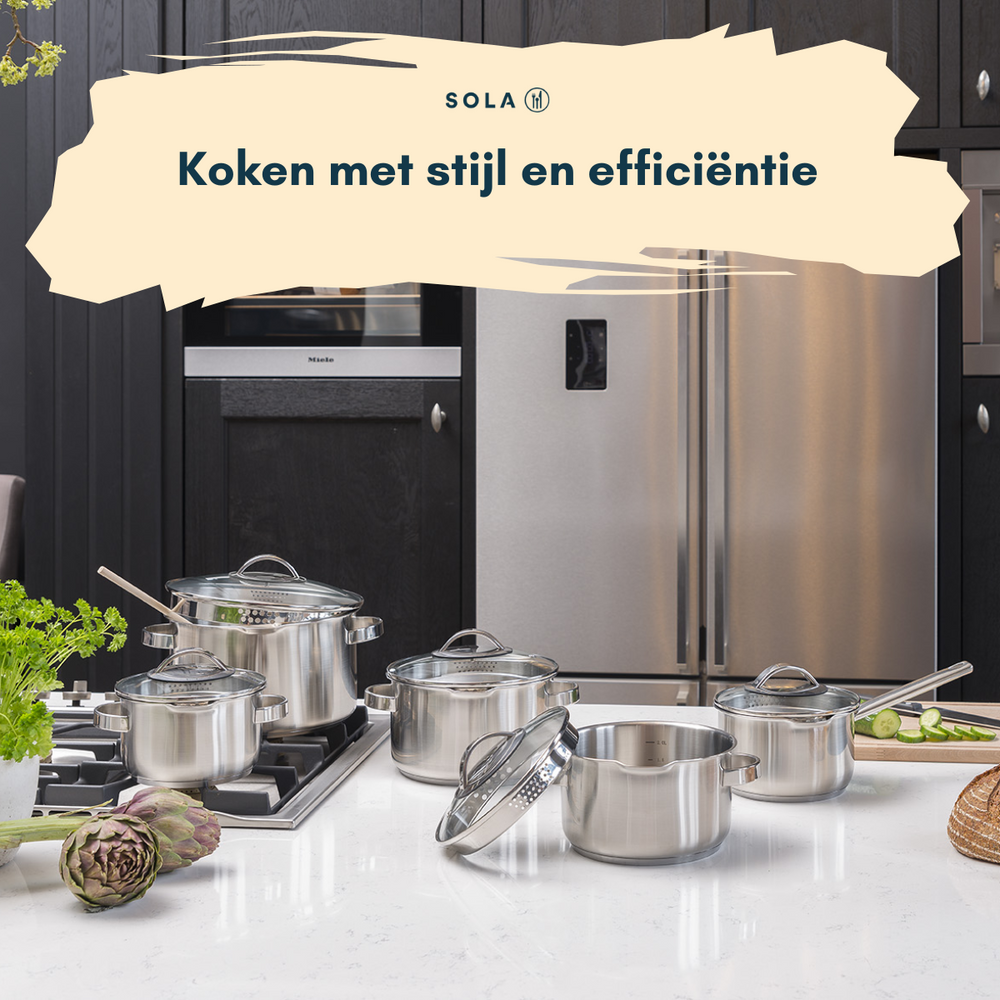 Sola Pannenset Pearl 4-Delig RVS - Downdraft geschikt - Kookpan ø 16, 18, 20 cm & Steelpan ø 16 cm - geschikt voor alle warmtebronnen