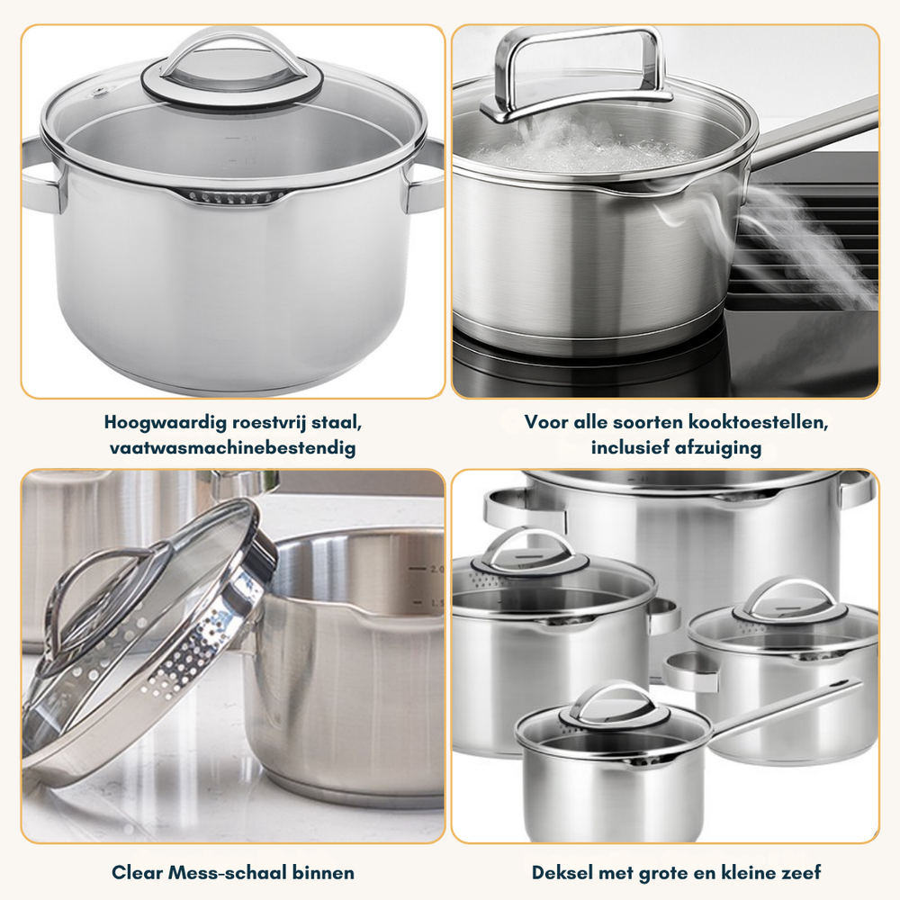 Sola Pannenset Pearl 4-Delig RVS - Downdraft geschikt - Kookpan ø 16, 18, 20 cm & Steelpan ø 16 cm - geschikt voor alle warmtebronnen
