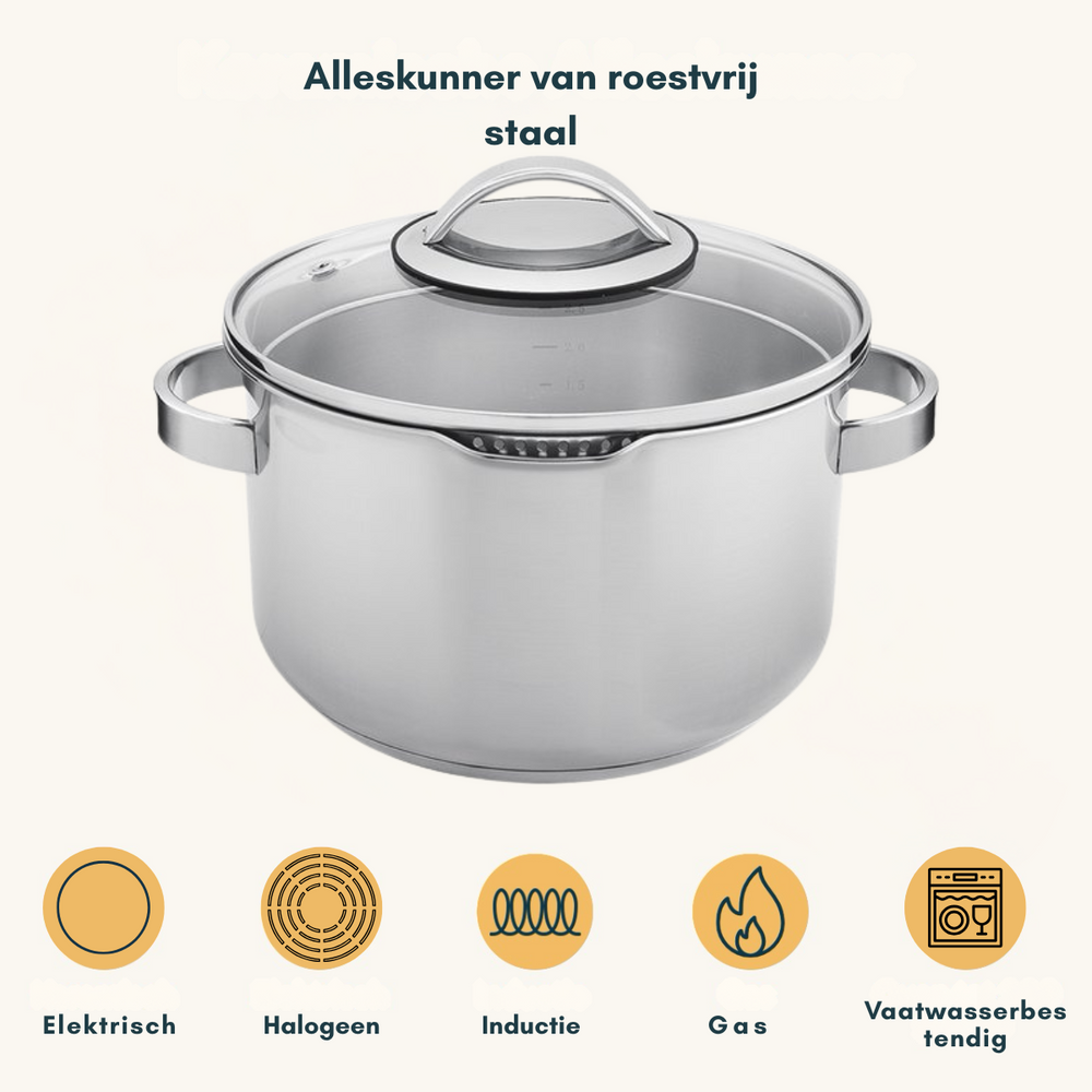 Sola Pannenset Pearl 4-Delig RVS - Downdraft geschikt - Kookpan ø 16, 18, 20 cm & Steelpan ø 16 cm - geschikt voor alle warmtebronnen