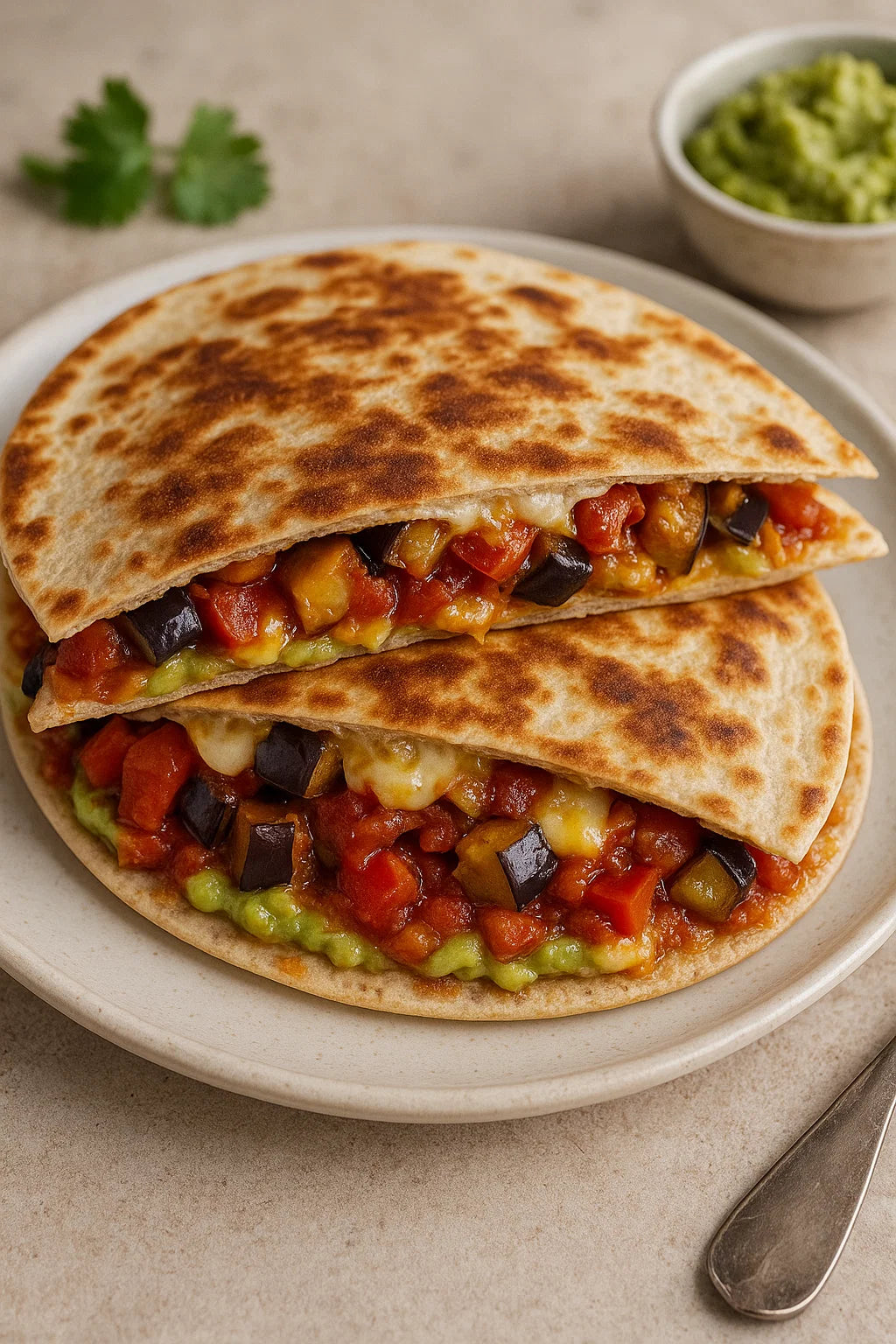 Knapperige wraps gevuld met een smeuïge aubergine-paprikavulling, avocado en gesmolten kaas