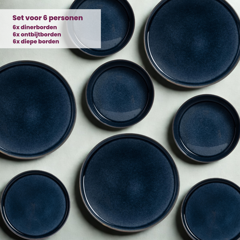 Cosy & Trendy Serviesset Quintana Blue 18-delig / 6 personen - 6 dinerborden, 6 diepe borden en 6 ontbijtborden