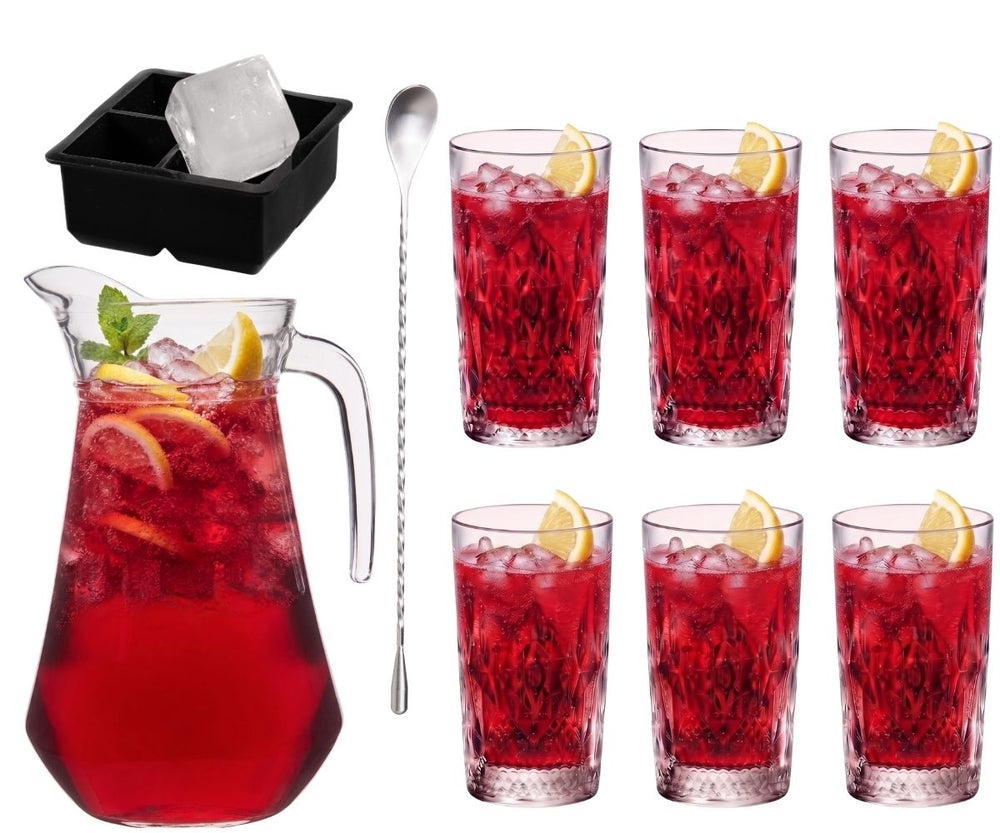Cocktailset Rooie Annie - Karaf 1.6 L met 6 Longdrinkglazen 490 ml, Cocktaillepel & IJsblokjesvorm