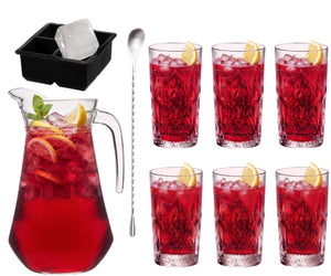 Cocktailset Rooie Annie - Karaf 1.6 L met 6 Longdrinkglazen 490 ml, Cocktaillepel & IJsblokjesvorm