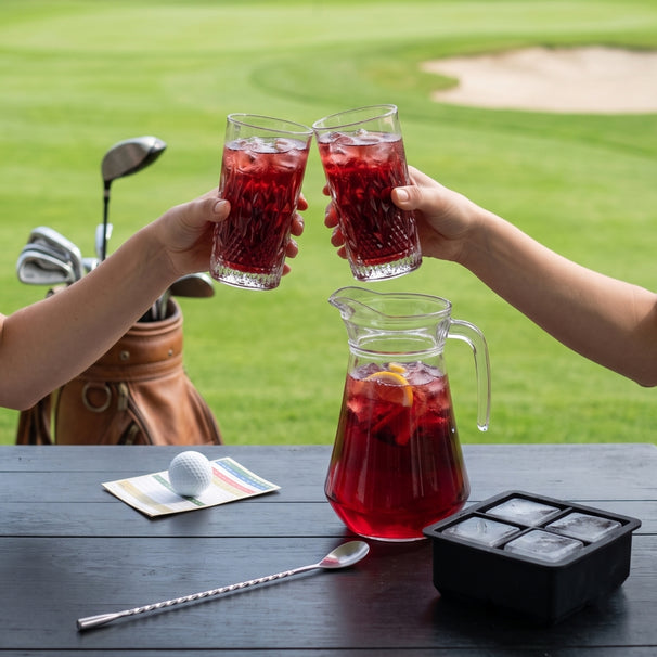 Cocktailset Rooie Annie - Karaf 1.6 L met 6 Longdrinkglazen 490 ml, Cocktaillepel & IJsblokjesvorm