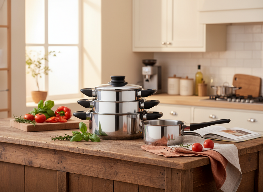 Cookinglife Pannenset RVS / Zwart 4-Delig - Kookpan ø 16, 18 , 20 cm & Steelpan ø 16 cm- Geschikt voor alle warmtebronnen