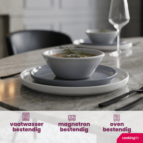 Cookinglife Serviesset Siaki - Wit / Blauw / Grijs - Porselein 18-delig / 6 personen - 6 dinerborden, 6 ontbijtborden en 6 kommen