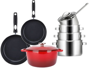 Sola Pannenset Pearl 7-Delig RVS - Inductie geschikt - Kookpan ø 16, 18, 20 cm & Steelpan ø 16 cm + Koekenpan ø 24, 28 cm + Braadpan ø 24 cm