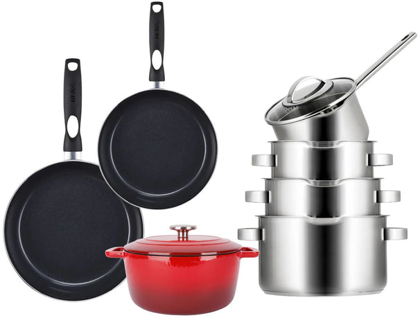 Sola Pannenset Pearl 7-Delig RVS - Downdraft geschikt - Kookpan ø 16, 18, 20 cm & Steelpan ø 16 cm + Koekenpan ø 24, 28 cm + Braadpan ø 24 cm