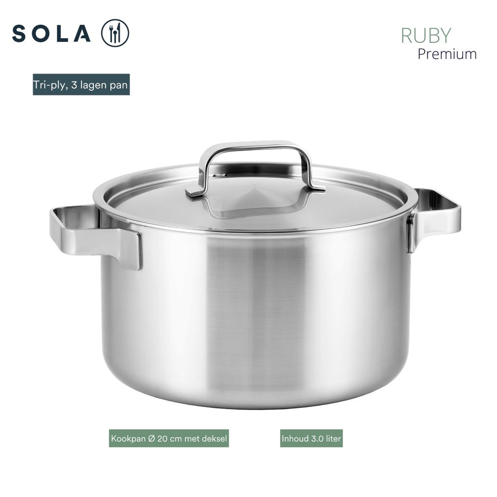 Sola Pannenset Ruby 4-Delig Premium Triply RVS - Kookpan ø 16, 18, 20 cm & Steelpan ø 16 cm - Inductie geschikt