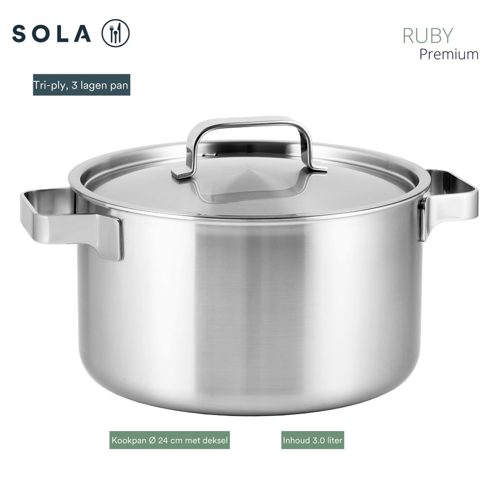 Sola Kookpan / Soeppan met deksel Ruby - Triply RVS ø 24 cm / 5.5 liter - geschikt voor alle warmtebronnen