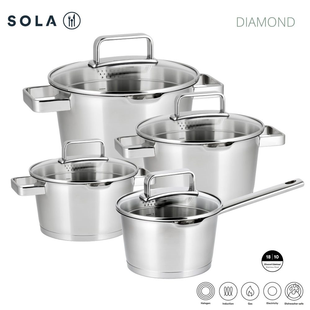 Sola Pannenset Diamond 4-Delig RVS - Downdraft geschikt - Kookpan ø 16, 18, 20 cm & Steelpan ø 16 cm - geschikt voor alle warmtebronnen