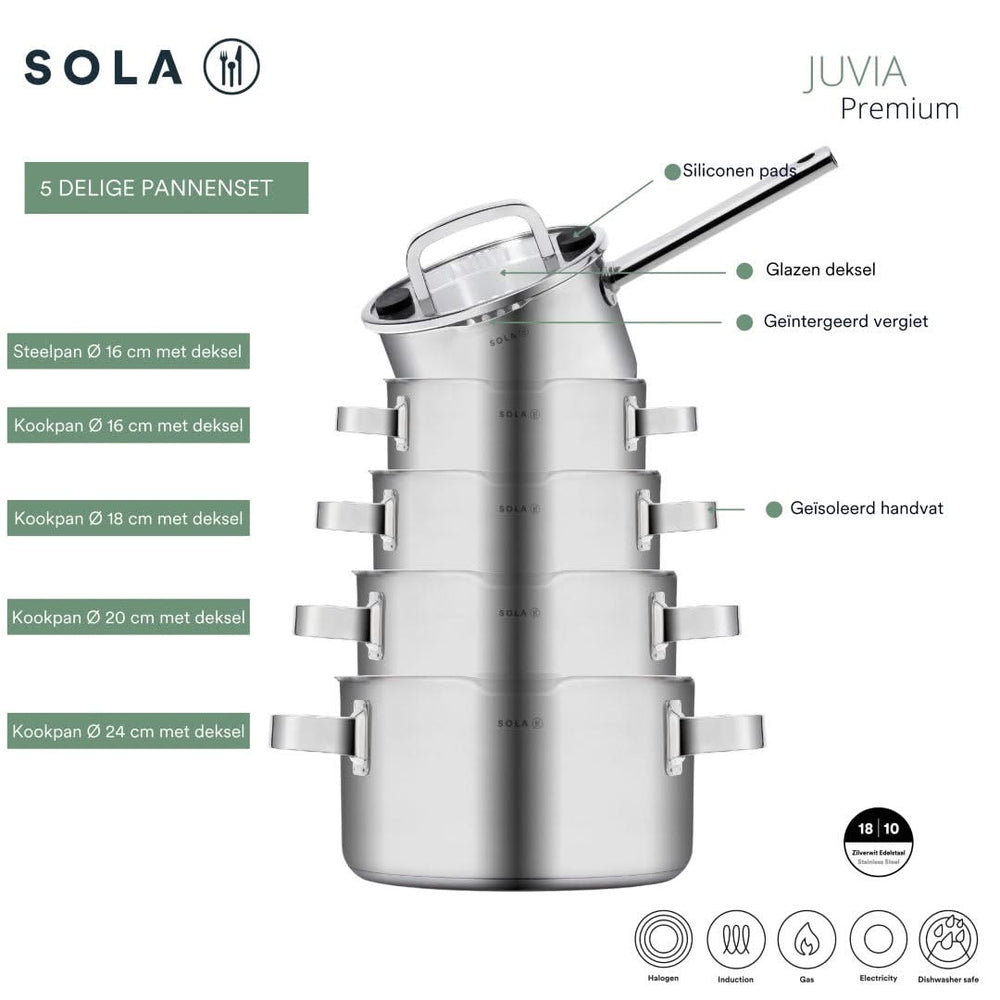 Sola Pannenset Juvia 5-Delig RVS - Downdraft geschikt - Kookpan ø 16, 18, 20, 24 cm & Steelpan ø 16 cm - geschikt voor alle warmtebronnen