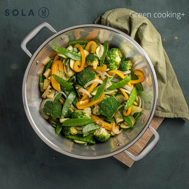 Sola Wokpan met deksel Green Cooking Triply RVS ø 32 cm - geschikt voor alle warmtebronnen - zonder anti-aanbaklaag