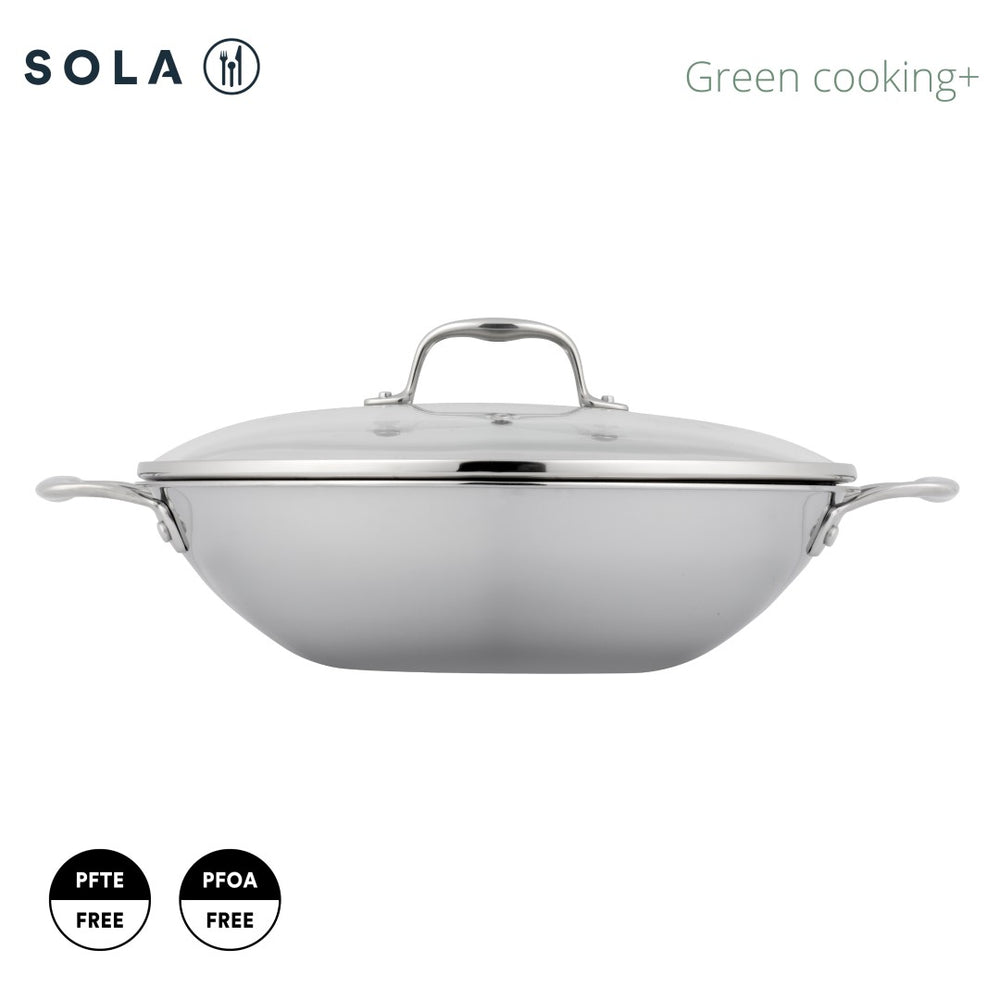 Sola Wokpan met deksel Green Cooking+ Triply RVS ø 32 cm - geschikt voor alle warmtebronnen - zonder anti-aanbaklaag