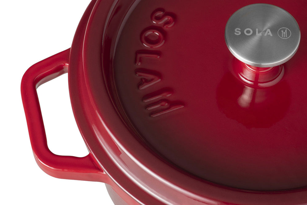 Sola Braadpan met deksel Gietijzer - Rood - ø 28 cm / 5 Liter - geëmailleerde anti-aanbaklaag