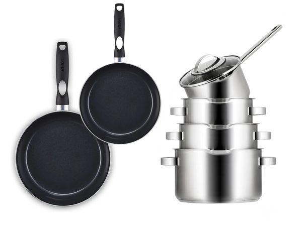 Sola Pannenset Pearl 6-Delig RVS - Downdraft geschikt - Kookpan ø 16, 18, 20 cm & Steelpan ø 16 cm + BEKA Koekenpan 24, 28 cm - geschikt voor alle warmtebronnen