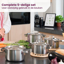Sola Pannenset Ruby 5-Delig Premium Triply RVS - Kookpan ø 16, 18, 20, 24 cm & Steelpan ø 16 cm - geschikt voor alle warmtebronnen