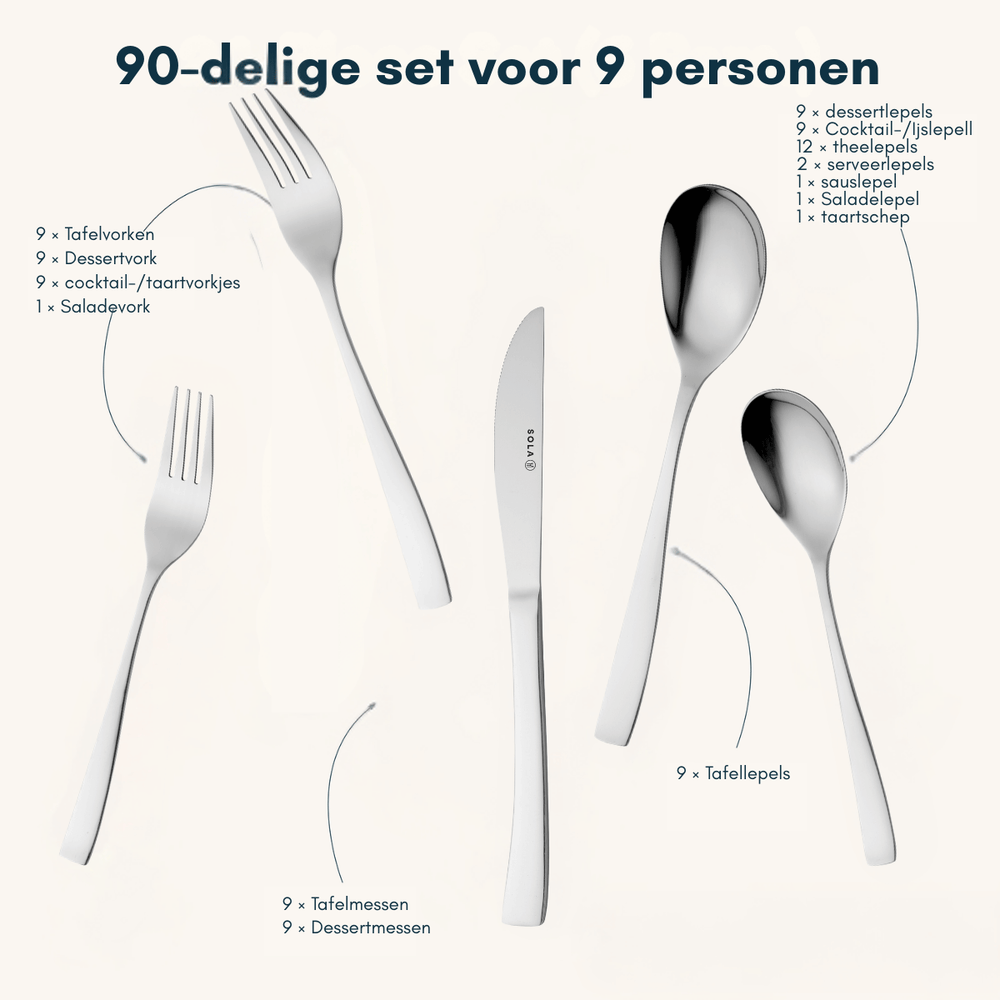 Sola Bestekset Sevilla - RVS - 90 Delig / 9 Persoons