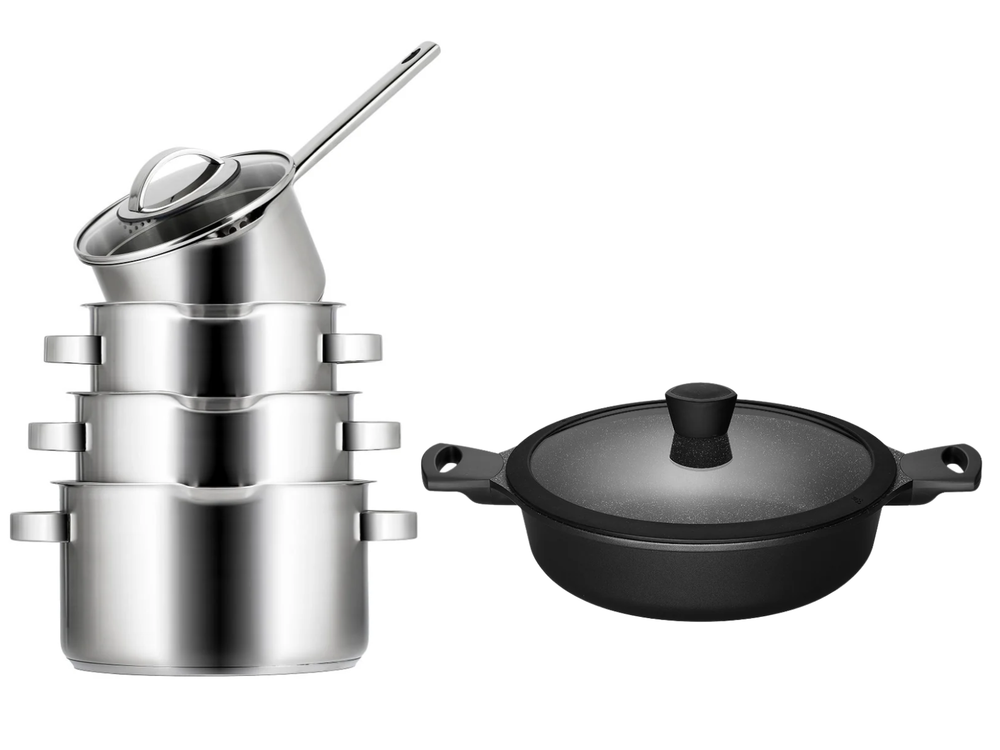 Sola Pannenset Pearl 5-Delig RVS - Downdraft geschikt - Kookpan ø 16, 18, 20 cm & Steelpan ø 16 cm + Sola Hapjespan Fair ø 28 cm - geschikt voor alle warmtebronnen