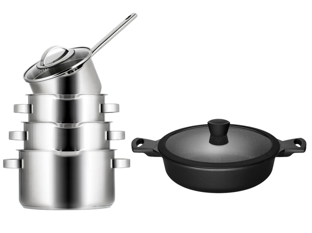 Sola Pannenset Pearl 5-Delig RVS - Downdraft geschikt - Kookpan ø 16, 18, 20 cm & Steelpan ø 16 cm + Sola Hapjespan Fair ø 28 cm - geschikt voor alle warmtebronnen
