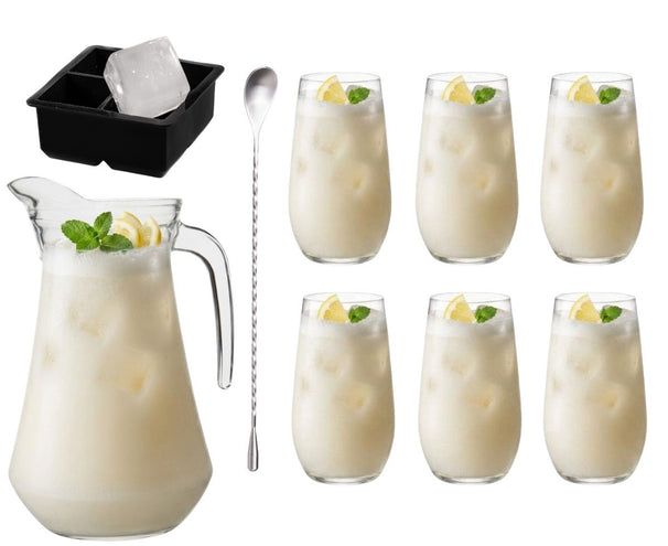 Cocktailset Vanessa - Karaf 1.6 L met 6 Longdrinkglazen 390 ml, Cocktaillepel & IJsblokjesvorm