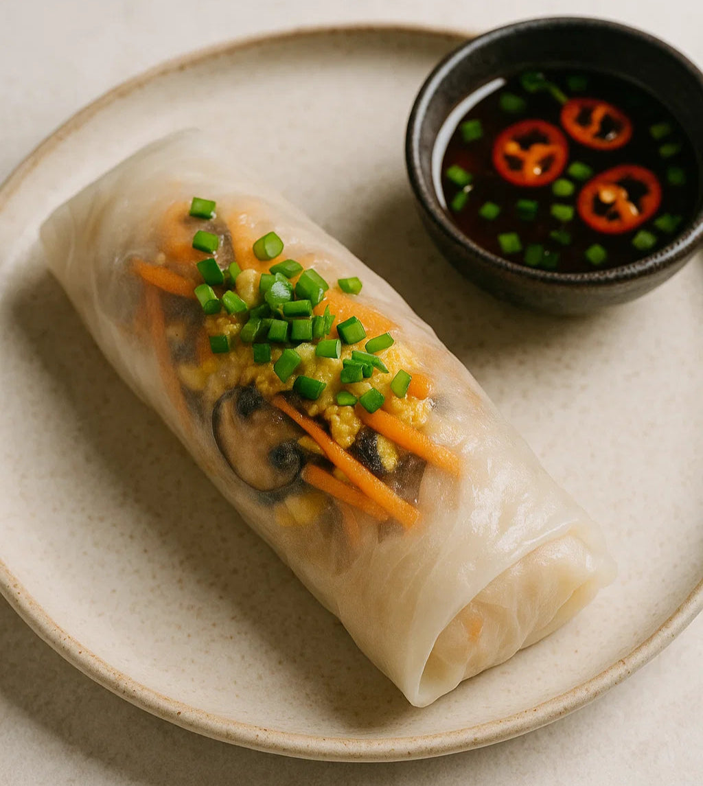 Frisse en lichte Vietnamese loempia's gevuld met groenten en ei, geserveerd met tamari