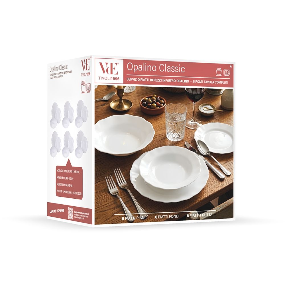 Villa d'Este Home Serviesset Scallop Wit Opaalglas 18-delig / 6 personen - 6 dinerborden, 6 ontbijtborden en 6 diepe borden