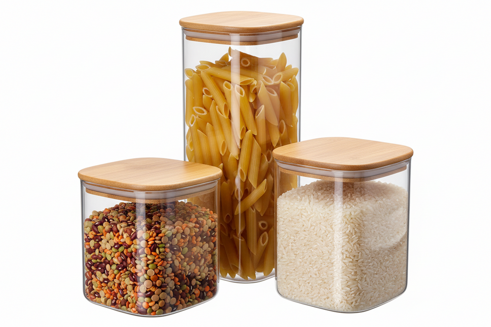 Cookinglife Voorraadpotten set - Glas Bamboe Deksel - Bewaren Droge Ingredienten - 3 stuks