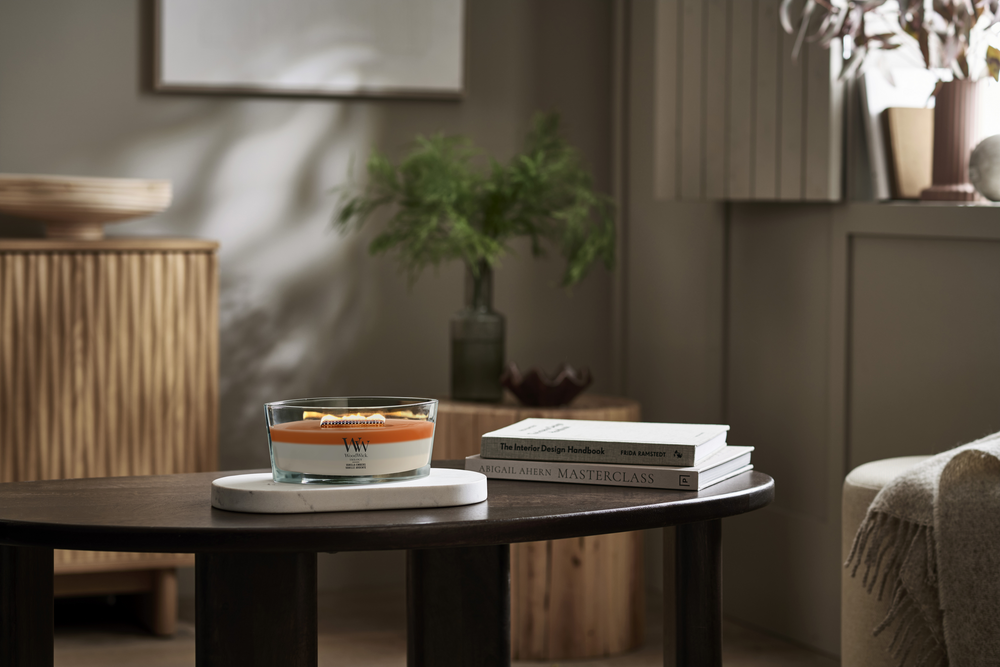 WoodWick Geurkaars Ellipse Trilogy Vanilla Embers - 9 cm / 19 cm - Geurkaars in Glas - Houten Lont