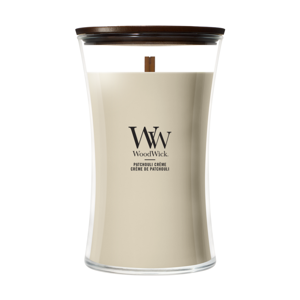 WoodWick Geurkaars Large Patchouli Crème - 18 cm / ø 10 cm - Geurkaars in Glas - Houten Lont