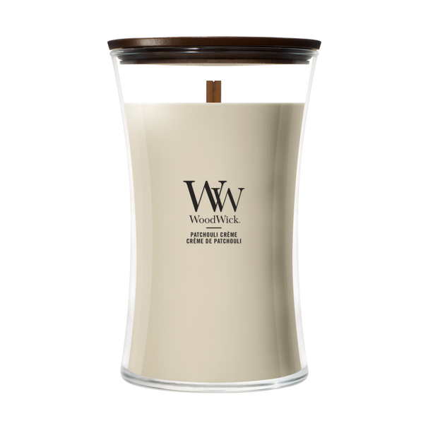 WoodWick Geurkaars Large Patchouli Crème - 18 cm / ø 10 cm - Geurkaars in Glas - Houten Lont
