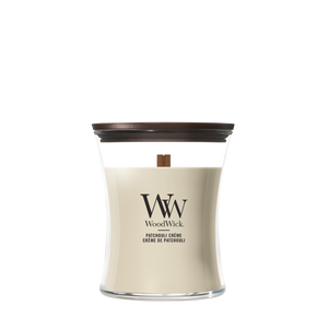 WoodWick Geurkaars Medium Patchouli Crème - 11 cm / ø 10 cm - Geurkaars in Glas - Houten Lont
